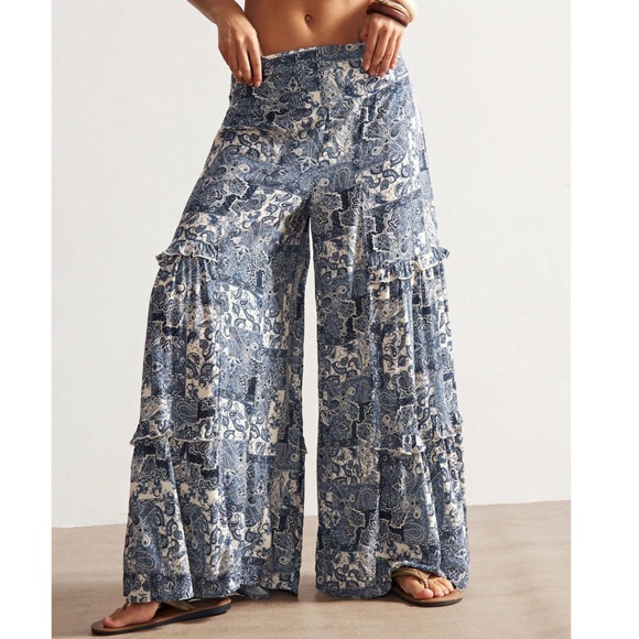 Boho Paisley Print Stretchy Waist Wide leg Pants - Picture 2 of 5